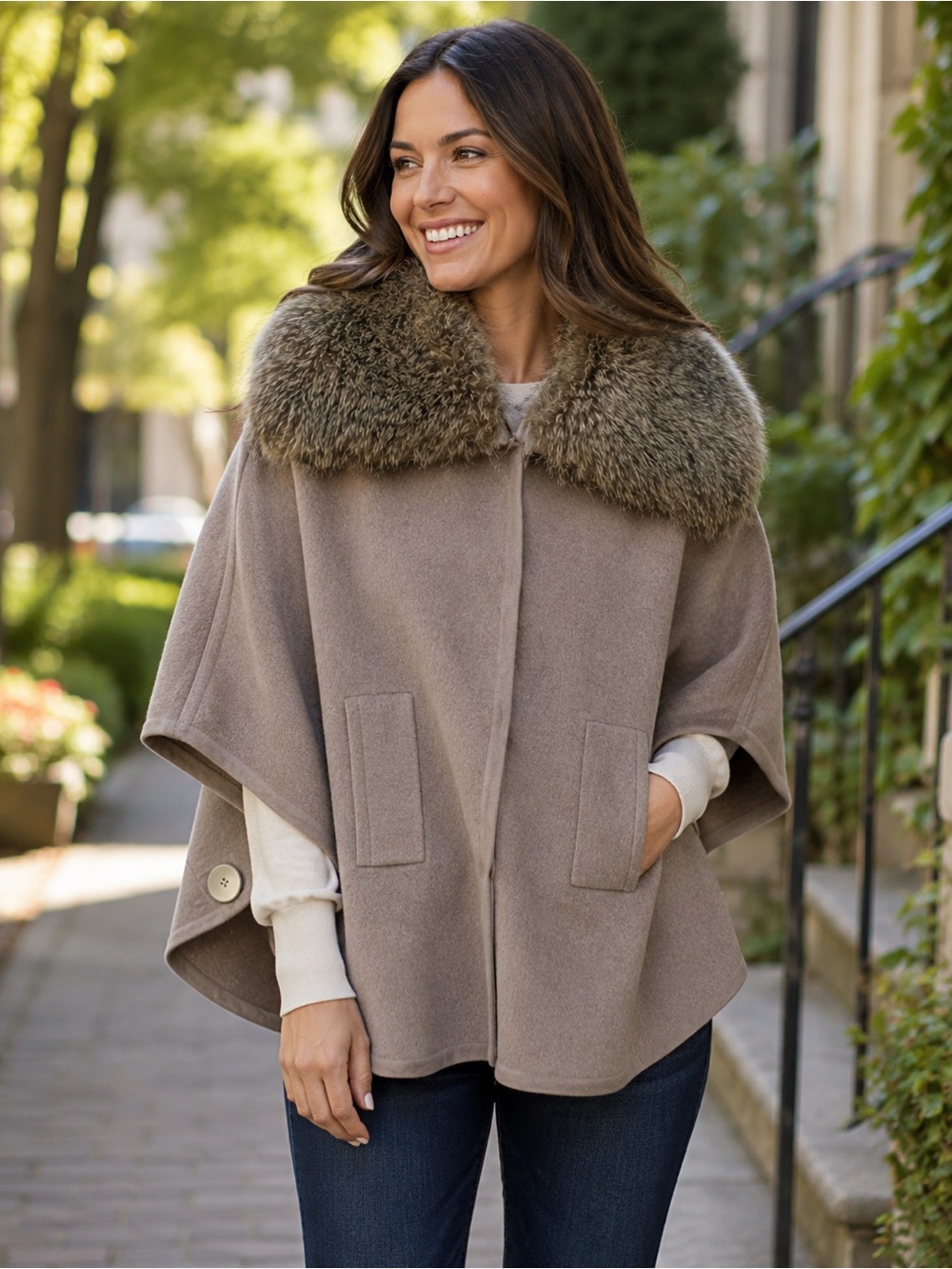 Color Works Neutral Brown 100% Wool  Cape Poncho Faux Fur Large Quiet Luxury